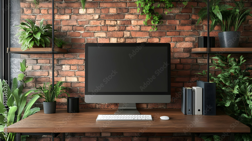 Modern Home Office Desktop with Brick Wall and Plants Illustration Modern Home Office Desktop with Brick Wall and Plants Illustration