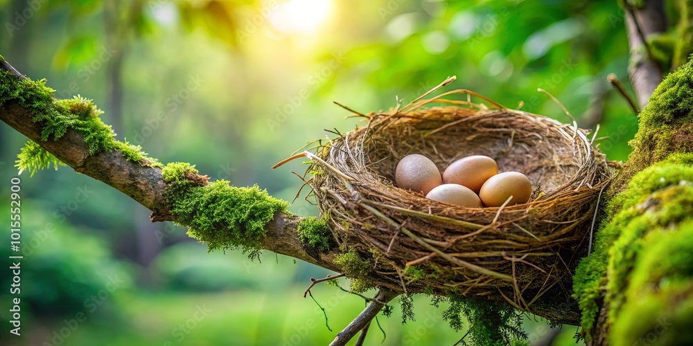 A delicate nest nestled within a moss-covered branch, sunlight filtering through the leaves, revealing a cluster of waiting eggs. A delicate nest nestled within a moss-covered branch, sunlight filtering through the leaves, revealing a cluster of waiting eggs.