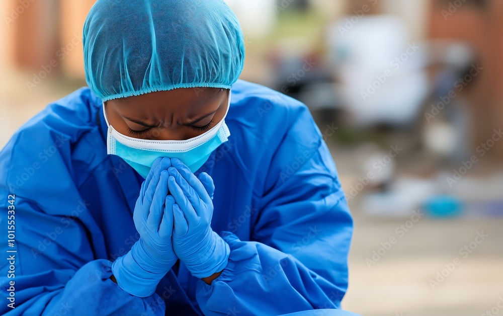A healthcare worker in protective gear expresses deep emotions, highlighting the challenges faced during a health crisis.