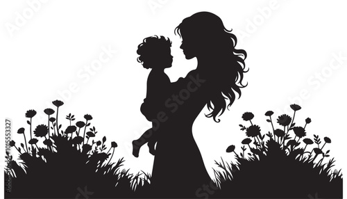 Silhouette mother with a child in her arms in nature vector illustration black and white art