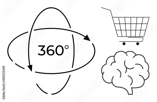Circular arrows indicating 360-degree rotation a shopping cart and a brain. Ideal for marketing cognition virtual reality technology user experience innovation and online shopping themes. Minimalist
