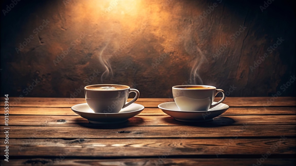 A steaming cup of coffee and a steaming cup of tea on a rustic wooden table, illuminated by warm lighting. A steaming cup of coffee and a steaming cup of tea on a rustic wooden table, illuminated by warm lighting.