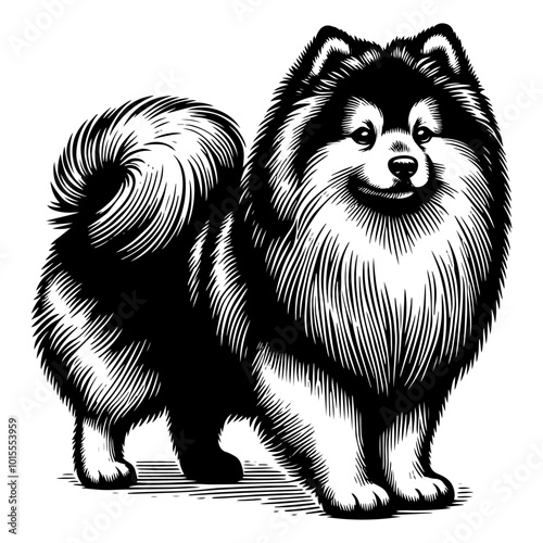 Detailed black and white illustration of a Pomsky dog. Vector, generative ai.