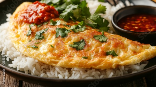 Delicious Omelet Served Over Rice with Sauce