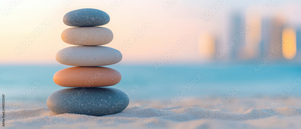 Balanced stones create serene atmosphere on beach at sunset. Balanced stones create serene atmosphere on beach at sunset.