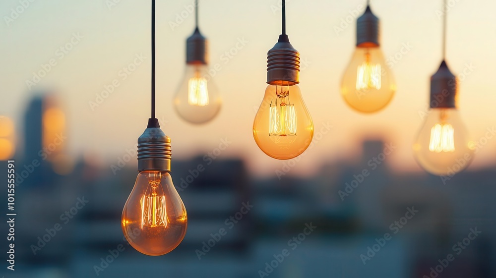 Lightbulbs of different shapes and sizes floating above a cityscape, diverse ideas, creative business landscape Lightbulbs of different shapes and sizes floating above a cityscape, diverse ideas, creative business landscape
