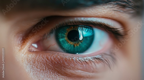 A close-up of a human eye showcasing intricate details and a tear.