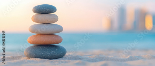 Balanced stones create serene atmosphere on beach at sunset.