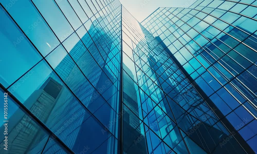 Blue skyscraper buildings and glass office building exteriors