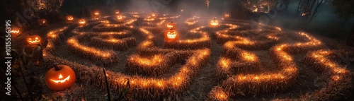 A captivating Halloween labyrinth illuminated by carved pumpkins, creating an enchanting and eerie atmosphere. photo