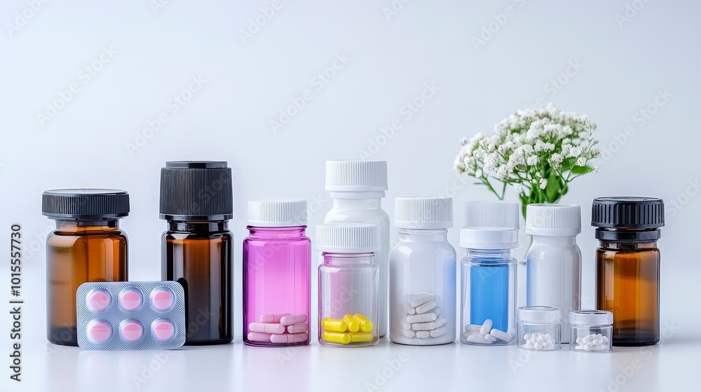 A collection of various medicine bottles and pills arranged aesthetically with a flower. A collection of various medicine bottles and pills arranged aesthetically with a flower.