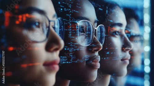 Obraz na płótnie African American and Asian researchers addressing ethical concerns of AI in deepfakes, focusing on misinformation and identity protection w salonie