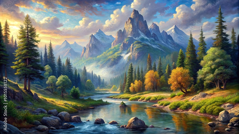 Obraz premium Serene River Winding Through a Verdant Valley, Encircled by Majestic Mountain Peaks with a Softly Lit Sky Above