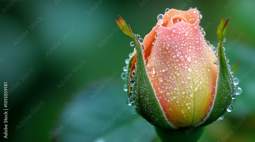 A close-up of a dewy rosebud just starting to bloom, droplets glistening on the petals A close-up of a dewy rosebud just starting to bloom, droplets glistening on the petals