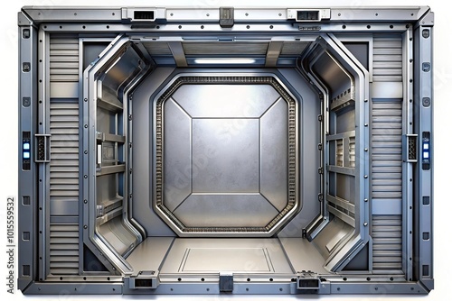 Fototapeta Naklejka Na Ścianę i Meble -  Futuristic spaceship metal door isolated on white background high angle view