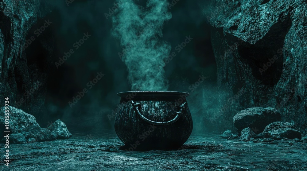 A mystical cauldron emits a dark, swirling steam in a shadowy cave, creating an eerie and enchanting atmosphere. A mystical cauldron emits a dark, swirling steam in a shadowy cave, creating an eerie and enchanting atmosphere.
