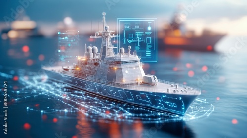 A digital representation of a naval ship with technology overlays in a maritime setting. photo