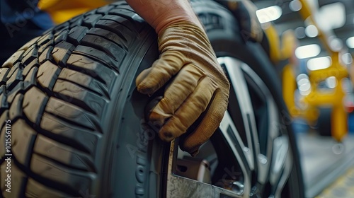 Close-up of a gloved hand inspecting a tire's tread photo