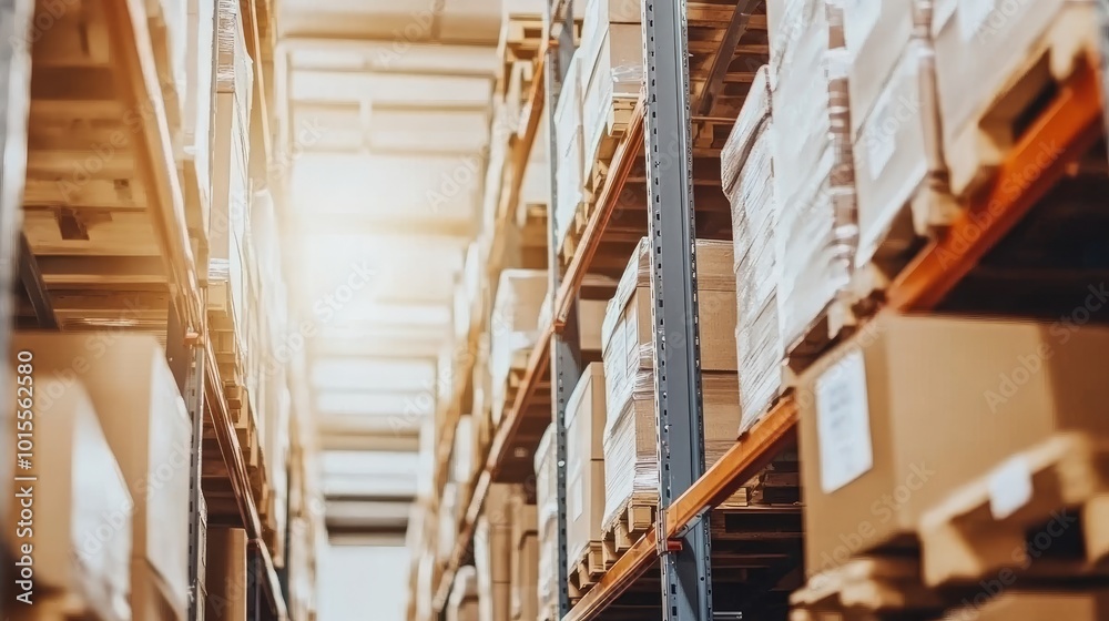 Fototapeta premium A clean warehouse floor with stacks of boxes labeled and ready for distribution, under the soft glow of natural light. --chaos 70