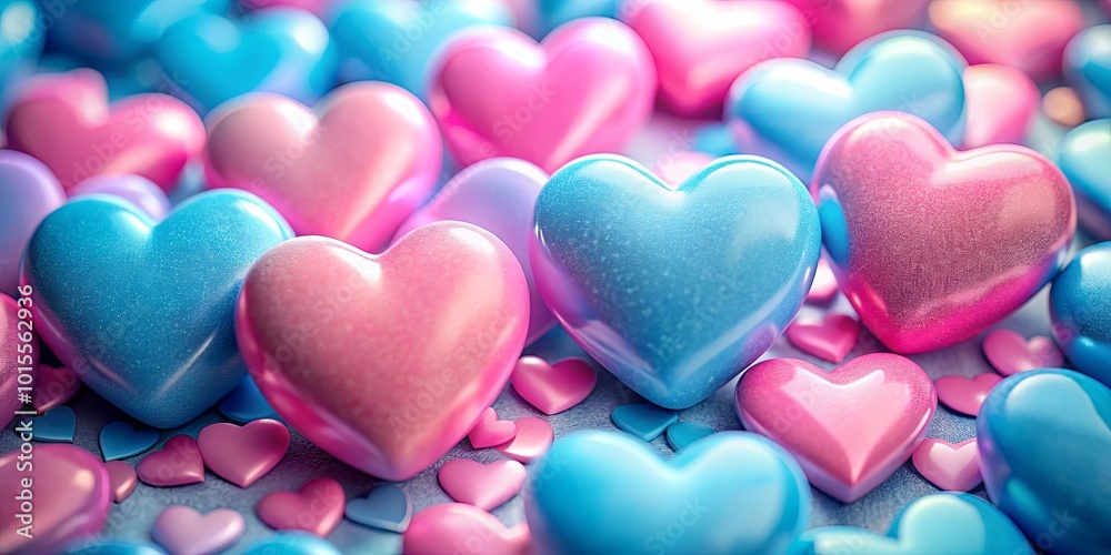 Fototapeta premium A close-up view of a collection of vibrant pink and blue heart-shaped objects, their glossy surfaces reflecting soft light, suggesting a playful and romantic mood.