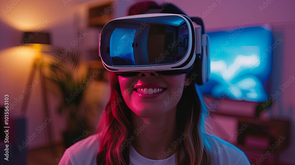 Woman wearing VR headset and smiling, illuminated by colorful lights. Woman wearing VR headset and smiling, illuminated by colorful lights.