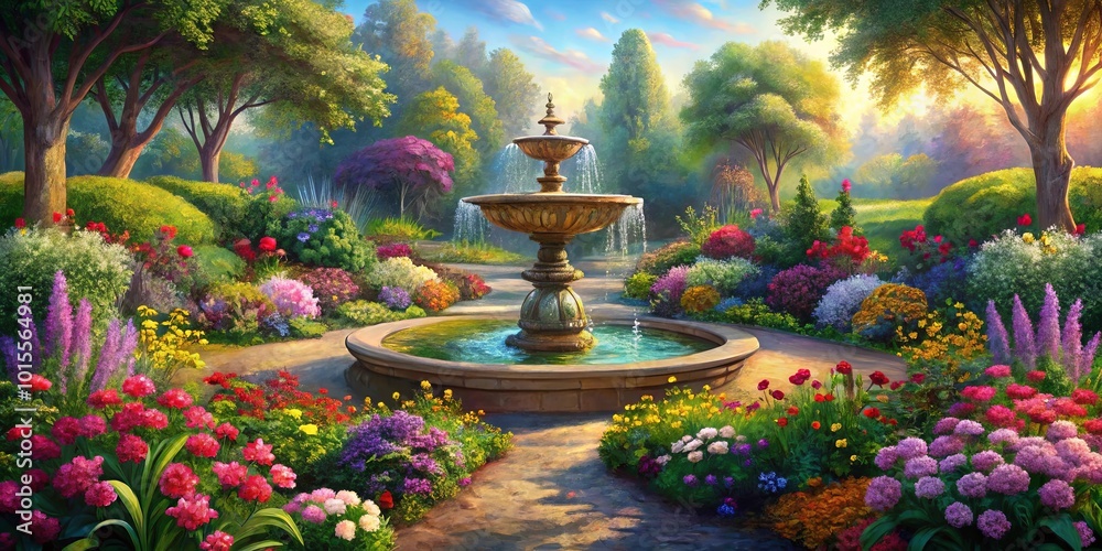 Obraz premium A Serene Garden Oasis With a Cascading Fountain Surrounded by Vibrant Flowers and Lush Greenery