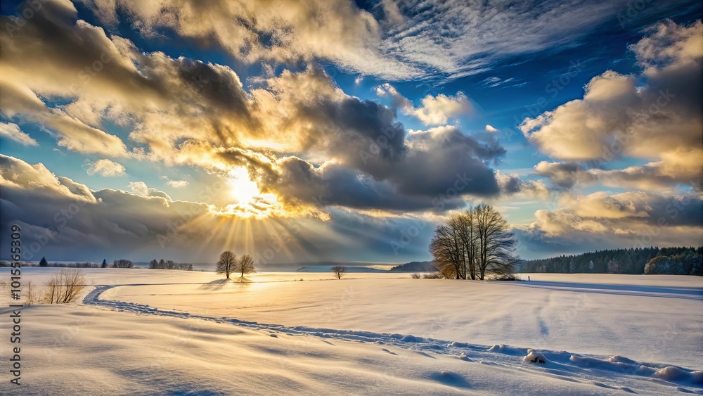 Sunbeams Pierce Through Clouds Over a Snow-Covered Field, Casting Long Shadows and Illuminating the Snowy Landscape Sunbeams Pierce Through Clouds Over a Snow-Covered Field, Casting Long Shadows and Illuminating the Snowy Landscape