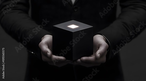 A man in a suit holding a glowing cube, surrounded by a dramatic dark backdrop.