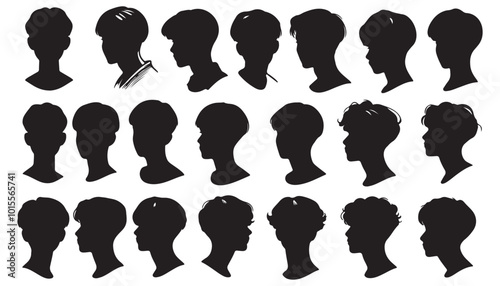 boy head silhouette vector set side view, korean guy haircut silhouette vector illustration black and white art