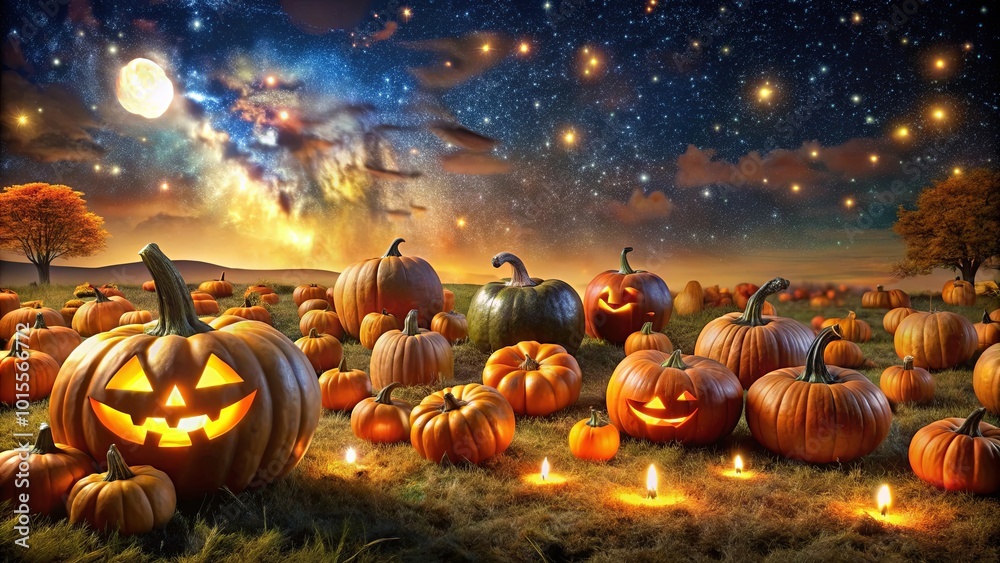 A Gathering of Jack-o'-Lanterns Beneath a Starry Night, Illuminated by the Glow of Flickering Candles and the Soft Light of the Moon A Gathering of Jack-o'-Lanterns Beneath a Starry Night, Illuminated by the Glow of Flickering Candles and the Soft Light of the Moon