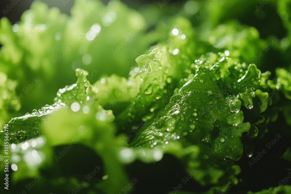 A close-up of lettuce leaves with droplets of water clinging to their surface, emphasizing their freshness A close-up of lettuce leaves with droplets of water clinging to their surface, emphasizing their freshness