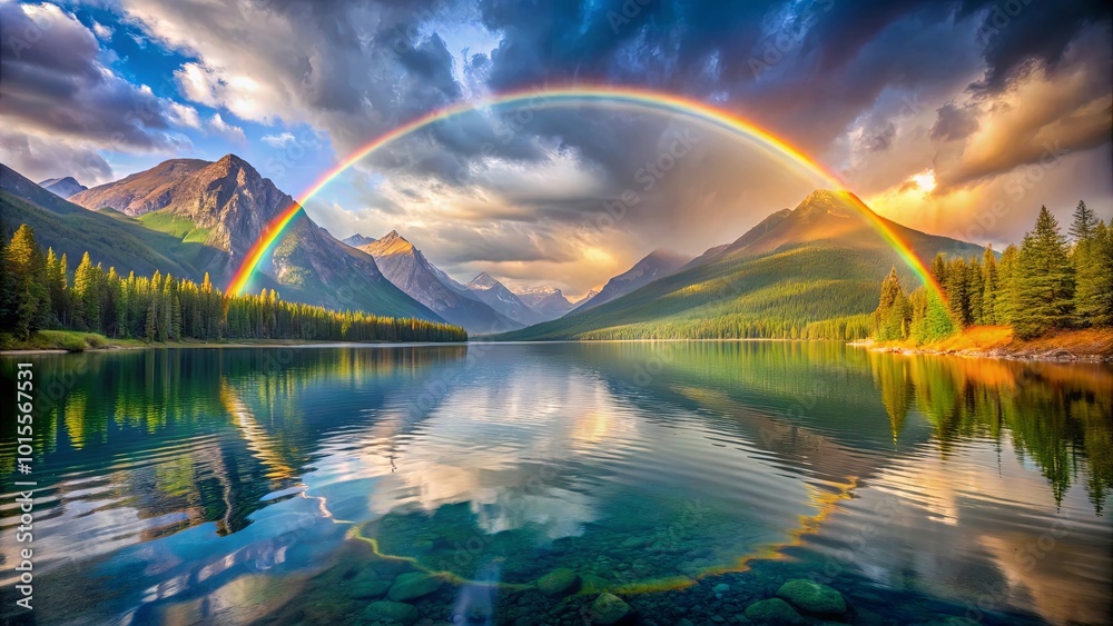 Obraz premium A majestic rainbow arching over a serene mountain lake, reflecting the vibrant hues of nature's masterpiece.