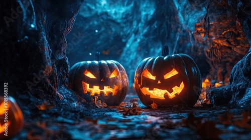 Spooky Halloween pumpkins glowing in a mysterious cave, surrounded by eerie blue light and autumn leaves.