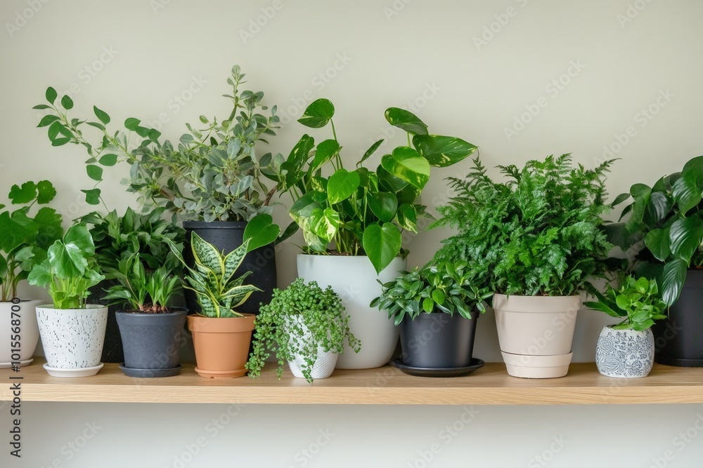 A collection of houseplants arranged on a shelf, bringing a touch of nature indoors