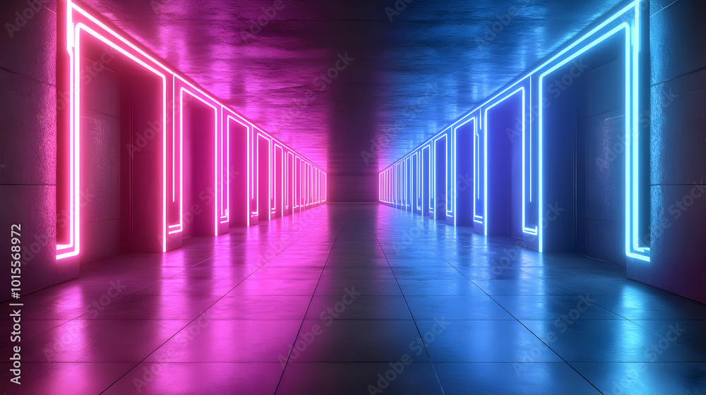 3D Rendering of a Neon Lit Corridor with Pink and Blue Lights - Abstract Background 3D Rendering of a Neon Lit Corridor with Pink and Blue Lights - Abstract Background