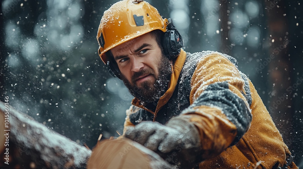 Lumberjack Cutting Down a Tree in a Snowy Forest Lumberjack Cutting Down a Tree in a Snowy Forest