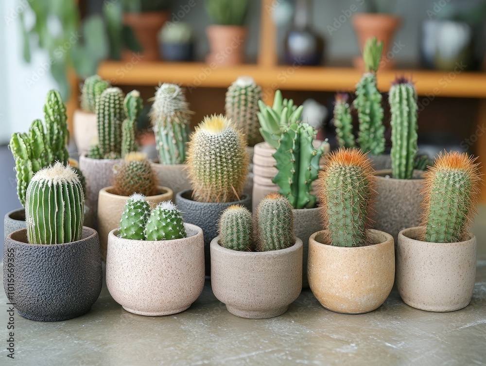 A collection of small cacti in pots, each with a unique shape and size A collection of small cacti in pots, each with a unique shape and size