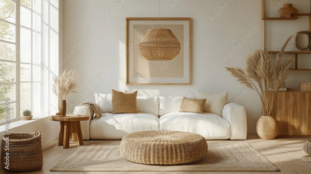 A bright and inviting living room features a comfortable white sofa adorned with beige cushions A bright and inviting living room features a comfortable white sofa adorned with beige cushions