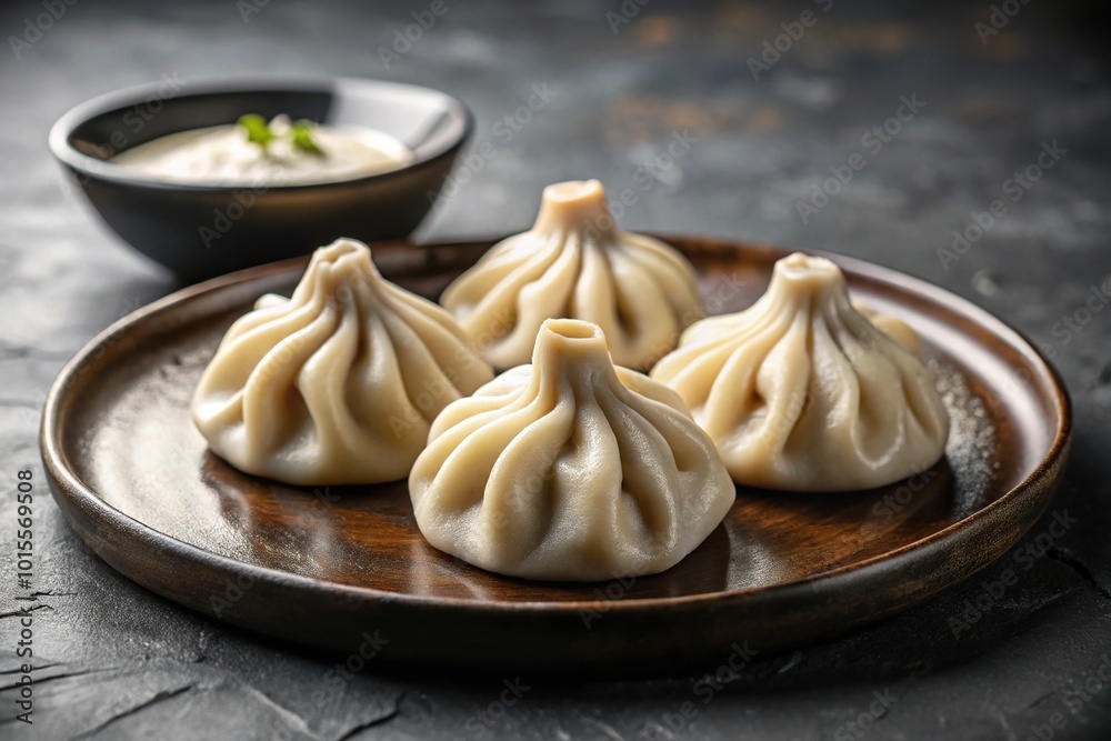 Georgian dumplings with sauce on plate, food photography Georgian dumplings with sauce on plate, food photography