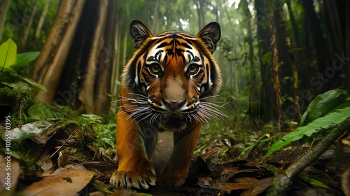 A close-up of a tiger emerging from the underbrush in a protected forest, set against a backdrop of towering trees, representing the significance of wildlife conservation in maintaining biodiversity. 