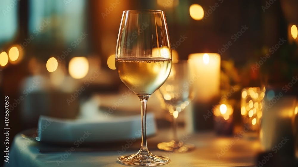 Elegant White Wine Glass with Candles in Background Elegant White Wine Glass with Candles in Background