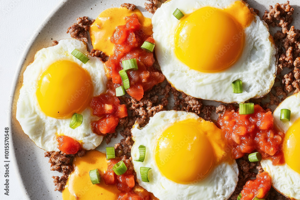 Closeup of Huevos Rancheros with runny yolks