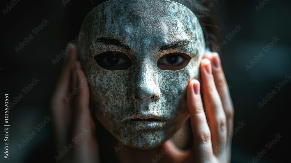 A person holding a worn, expressionless mask, creating an eerie and introspective atmosphere. A person holding a worn, expressionless mask, creating an eerie and introspective atmosphere.