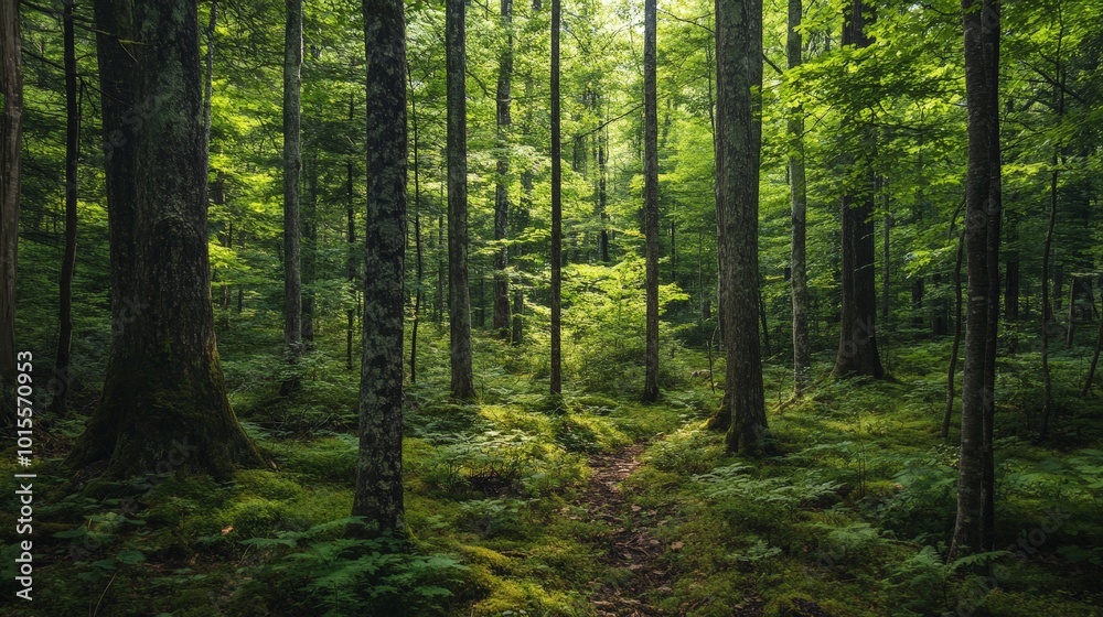 A dense forest filled with native trees thriving in their natural habitat, surrounded by wildlife A dense forest filled with native trees thriving in their natural habitat, surrounded by wildlife