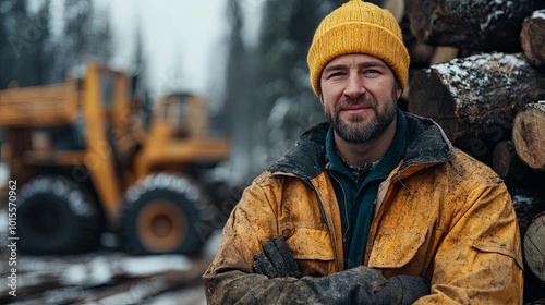 Lumberjack in Yellow Jacket with a Log Pile and Excavator in the Background