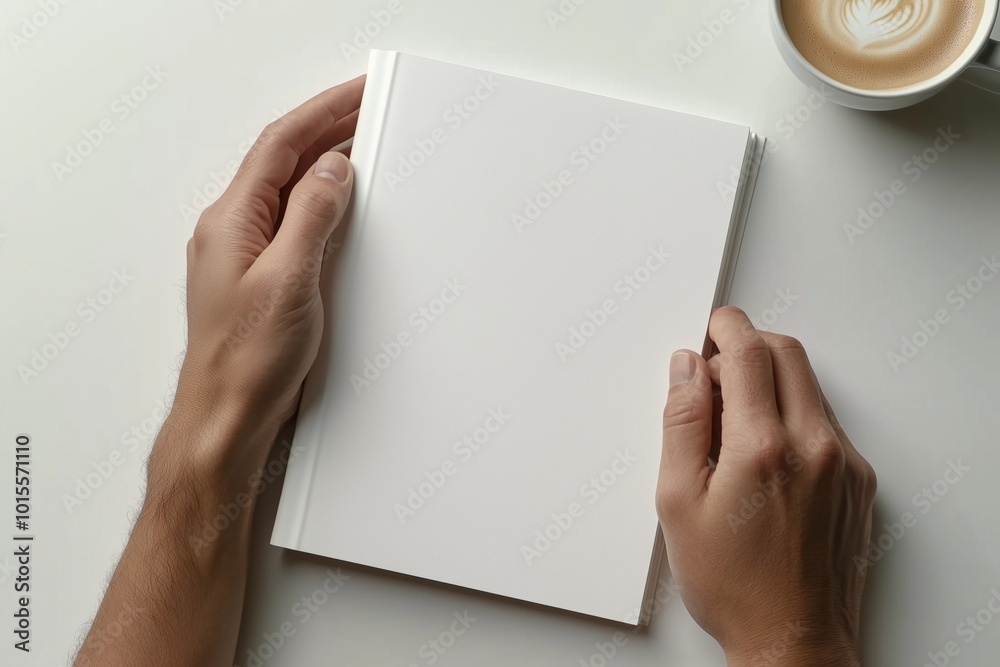 Obraz premium Open Notebook with Hands, Coffee, and Glasses Mockup Background
