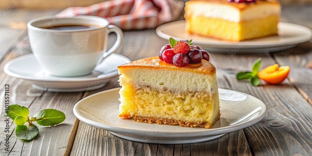 A Slice of Cake with Berries and a Cup of Tea on a Rustic Wooden Table A Slice of Cake with Berries and a Cup of Tea on a Rustic Wooden Table