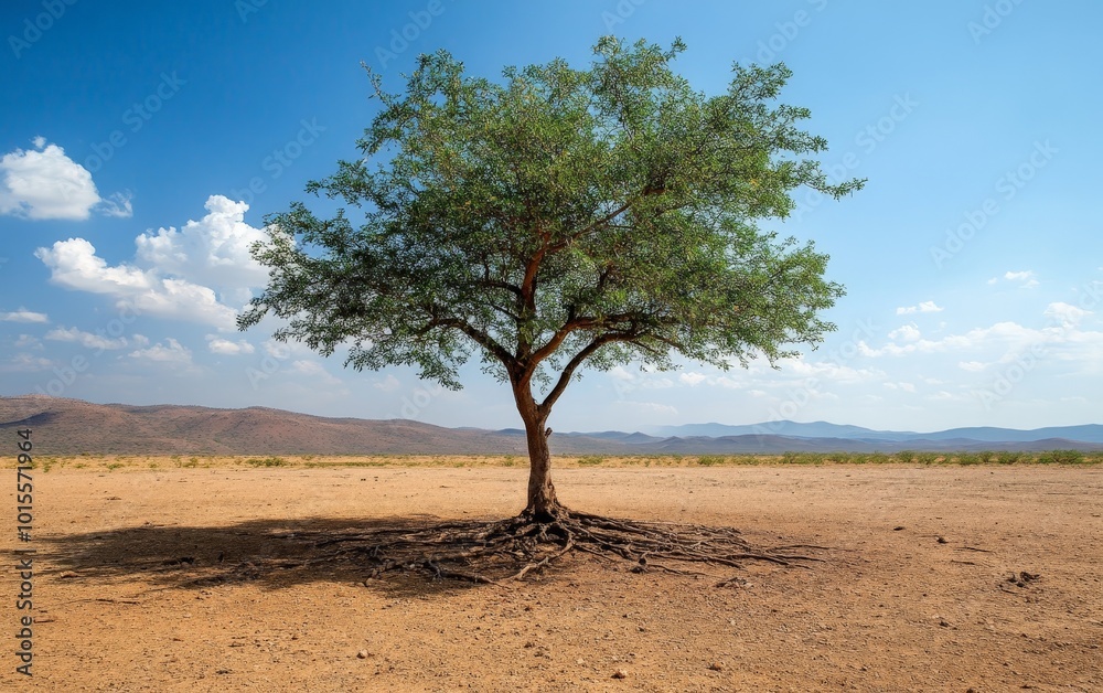 A drought-resistant tree thriving despite the lack of rainfall, its deep roots anchoring it in dry soil A drought-resistant tree thriving despite the lack of rainfall, its deep roots anchoring it in dry soil