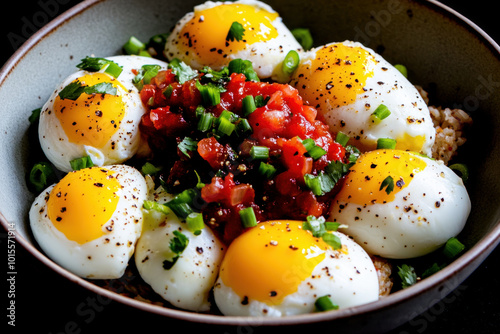 Closeup of Huevos Rancheros with runny yolks