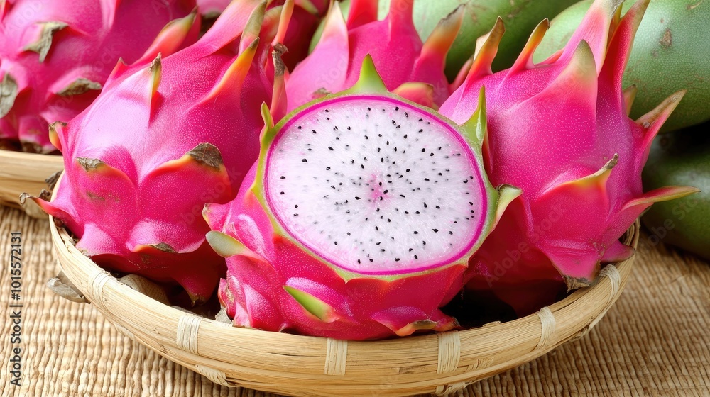 A farmer market stall showcasing a variety of fresh dragon fruits, arranged in baskets, with other exotic fruits nearby. --chaos 70 A farmer market stall showcasing a variety of fresh dragon fruits, arranged in baskets, with other exotic fruits nearby. --chaos 70
